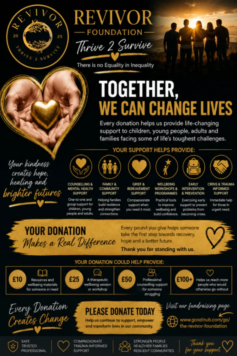 The Revivor Foundation fundraising poster explaining how donations support counselling, family and community support, wellbeing programmes, and early intervention.
