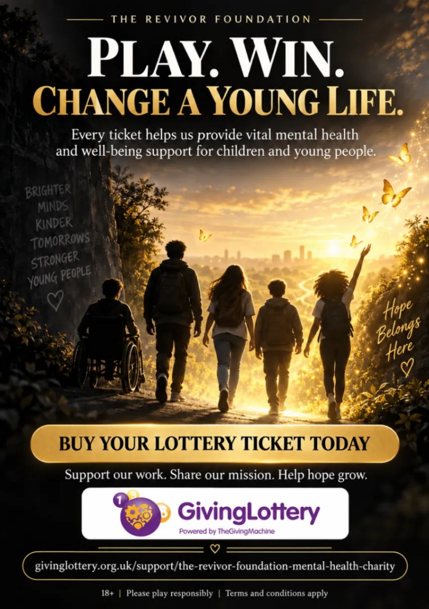 The Revivor Foundation GivingLottery poster inviting people to play, win, and help provide mental-health support for children and young people.